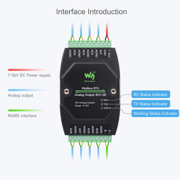 Módulo de salida analógica industrial Waveshare de 8 canales con conversión DA de 12 bits, Modbus RTU Analog Output 8CH, Modbus RTU Analog Output 8CH (B)
