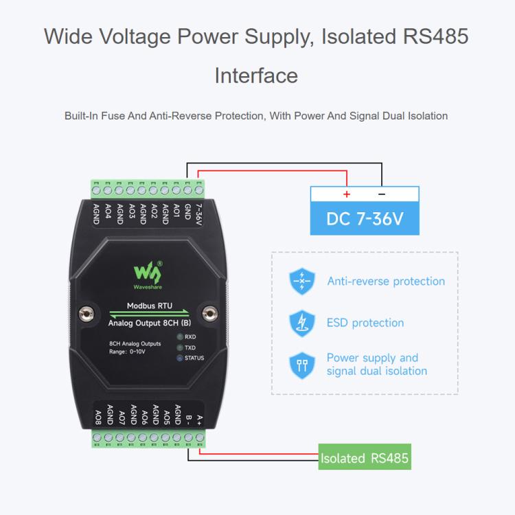 Módulo de salida analógica industrial Waveshare de 8 canales con conversión DA de 12 bits, Modbus RTU Analog Output 8CH, Modbus RTU Analog Output 8CH (B)