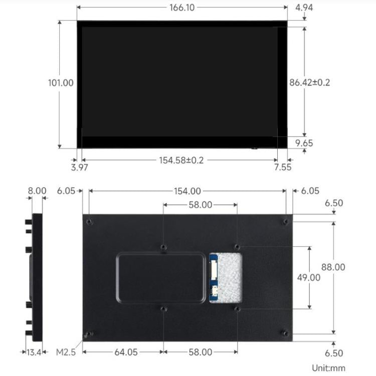 Pantalla táctil capacitiva DSI de 7 pulgadas, 1024 x 600 píxeles, panel IPS, táctil de 5 puntos. Admite ajuste de retroiluminación mediante software., 33259