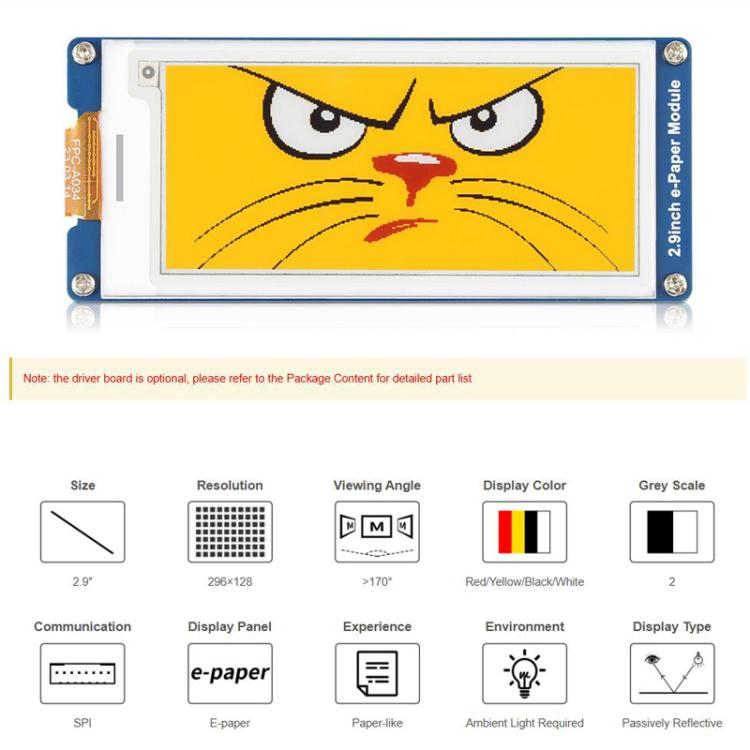Pantalla de tinta electrónica WAVESHARE de 2,9 pulgadas, 296x128 píxeles, rojo/amarillo/negro/blanco, interfaz SPI., Raw Display, With Driver Board