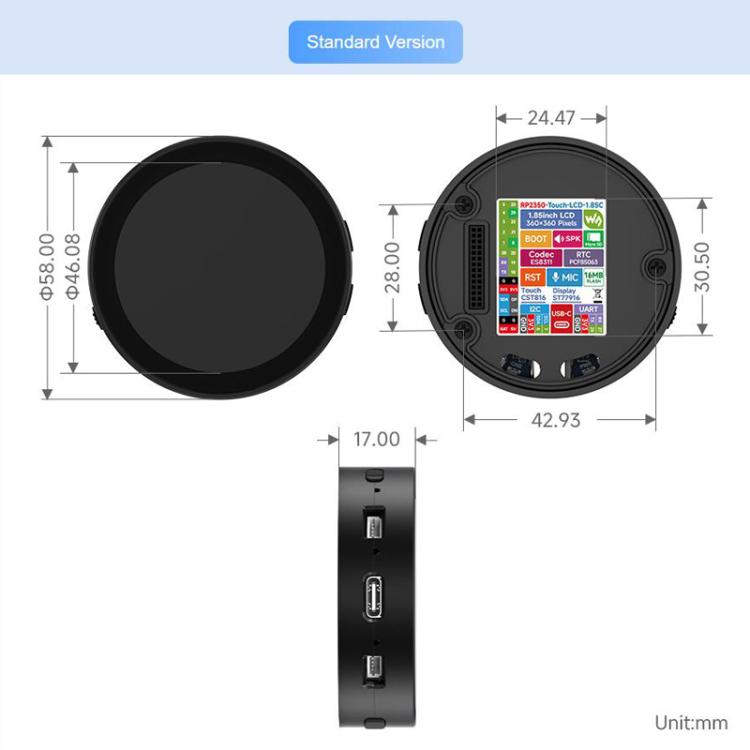Placa de desarrollo LCD redonda RP2350 de 1,85 pulgadas, 360 × 360, 65.000 colores, diseño de doble núcleo y doble arquitectura., Standard, With Speaker No Battery