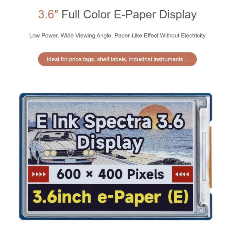 Pantalla E-Paper E6 de 3,6 pulgadas a todo color con tinta electrónica, 600 × 400 píxeles., Raw Display, With Driver Board
