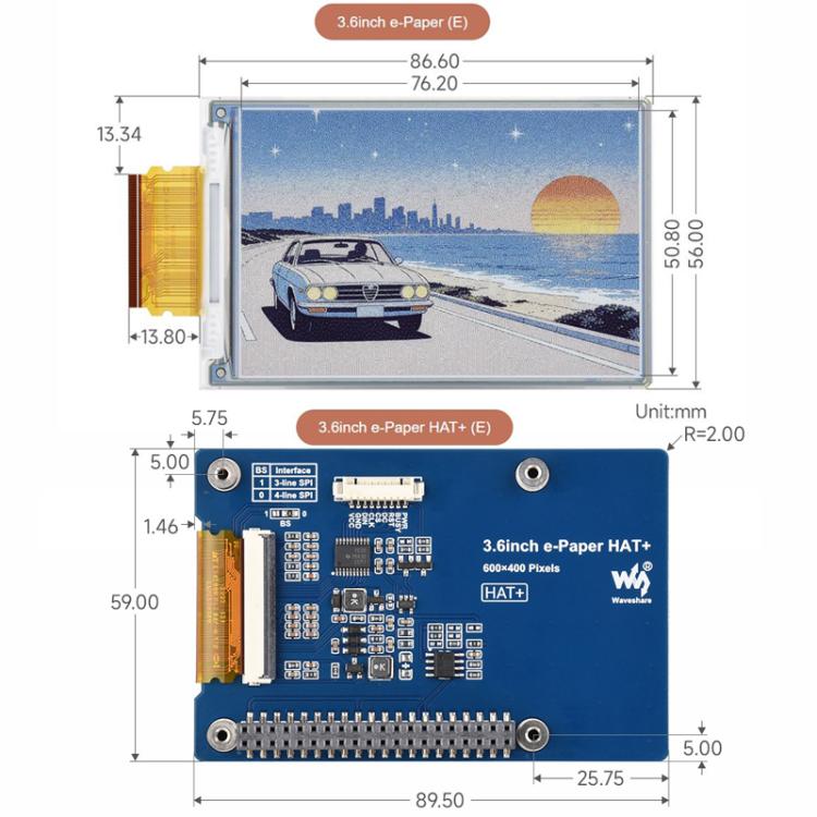 Pantalla E-Paper E6 de 3,6 pulgadas a todo color con tinta electrónica, 600 × 400 píxeles., Raw Display, With Driver Board