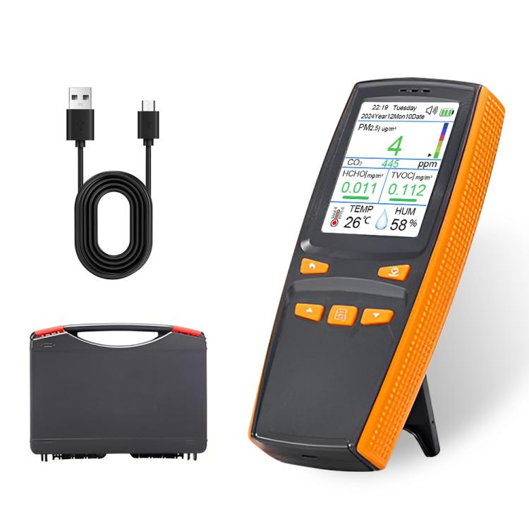 Monitor de calidad del aire portátil 10 en 1 con exportación de datos a PC. Detector de CO2, PM2.5, PM10, HCHO, TVOC, AQI, temperatura y humedad., DM509