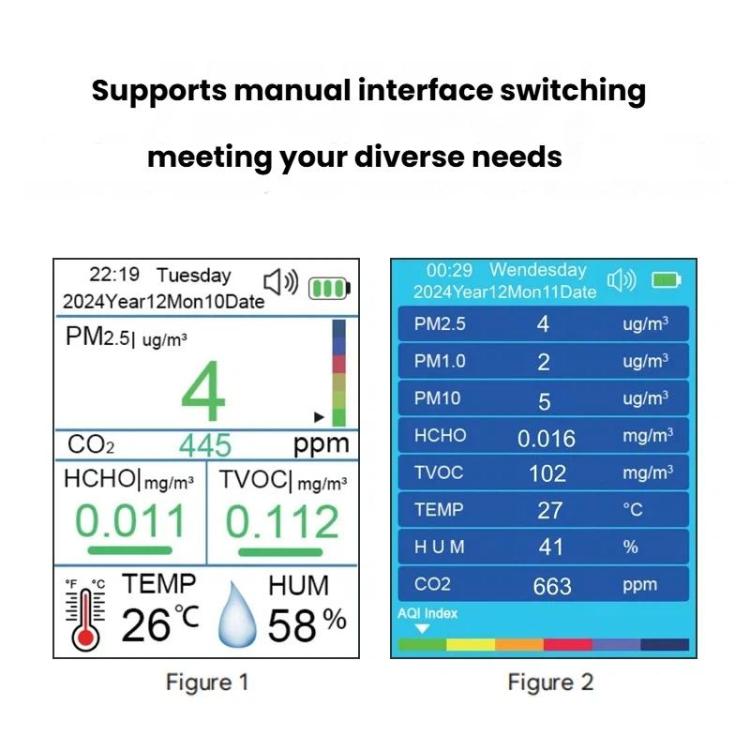 Monitor de calidad del aire portátil 10 en 1 con exportación de datos a PC. Detector de CO2, PM2.5, PM10, HCHO, TVOC, AQI, temperatura y humedad., DM509