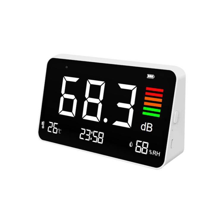 Medidor de ruido digital 4 en 1 con sensor de temperatura y humedad, pantalla de hora, batería recargable y retroiluminación ajustable., DM219N