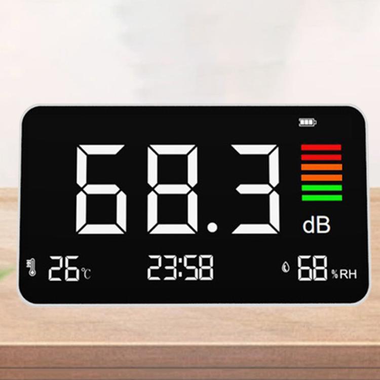 Medidor de ruido digital 4 en 1 con sensor de temperatura y humedad, pantalla de hora, batería recargable y retroiluminación ajustable., DM219N