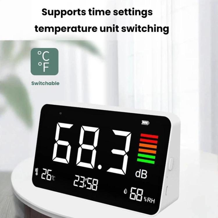 Medidor de ruido digital 4 en 1 con sensor de temperatura y humedad, pantalla de hora, batería recargable y retroiluminación ajustable., DM219N