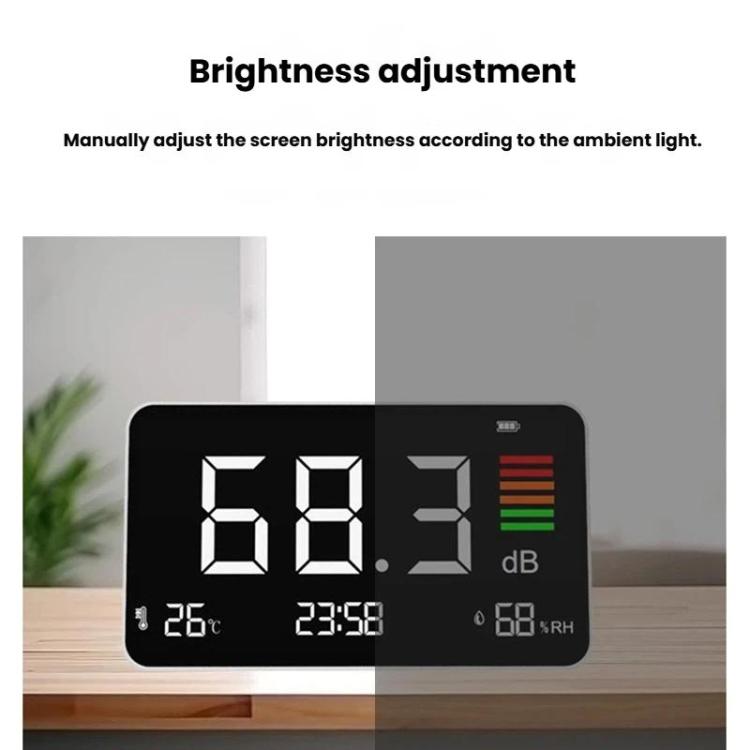 Medidor de ruido digital 4 en 1 con sensor de temperatura y humedad, pantalla de hora, batería recargable y retroiluminación ajustable., DM219N
