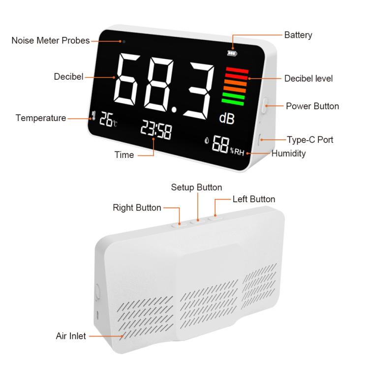 Medidor de ruido digital 4 en 1 con sensor de temperatura y humedad, pantalla de hora, batería recargable y retroiluminación ajustable., DM219N