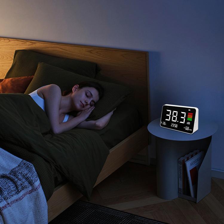 Medidor de ruido digital 4 en 1 con sensor de temperatura y humedad, pantalla de hora, batería recargable y retroiluminación ajustable., DM219N