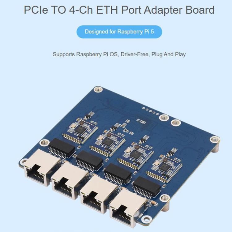 Placa adaptadora Waveshare PCIe a puerto ETH de 4 canales, compatible con Raspberry Pi OS, sin necesidad de controladores, Plug and Play., Gigabit ETH, 2.5G ETH
