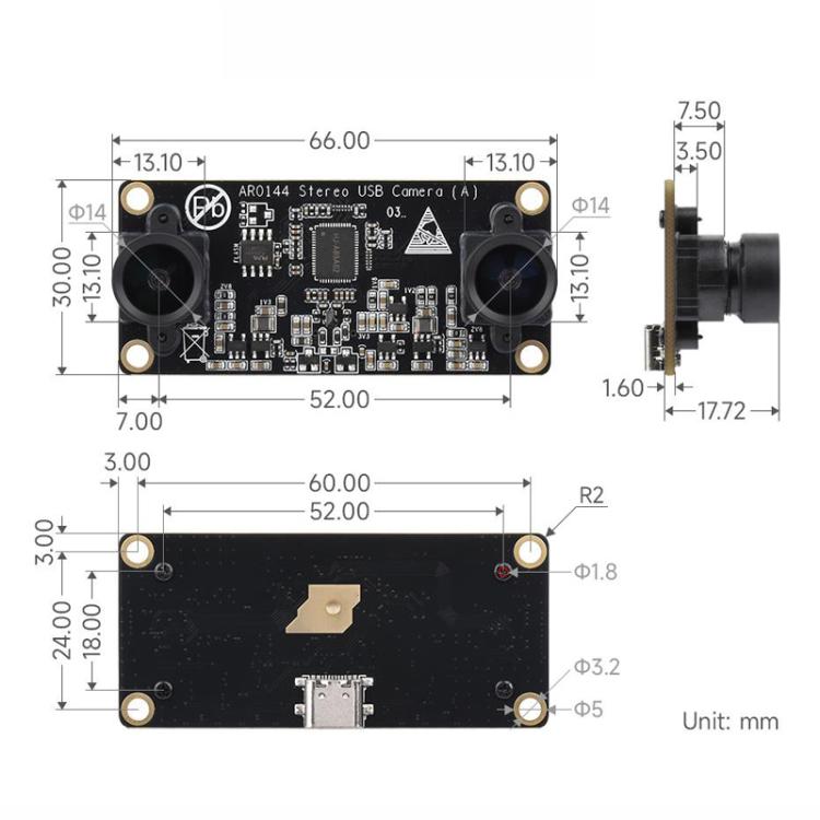 Módulo de cámara USB estéreo WAVESHARE AR0144 de 2 MP, 32695