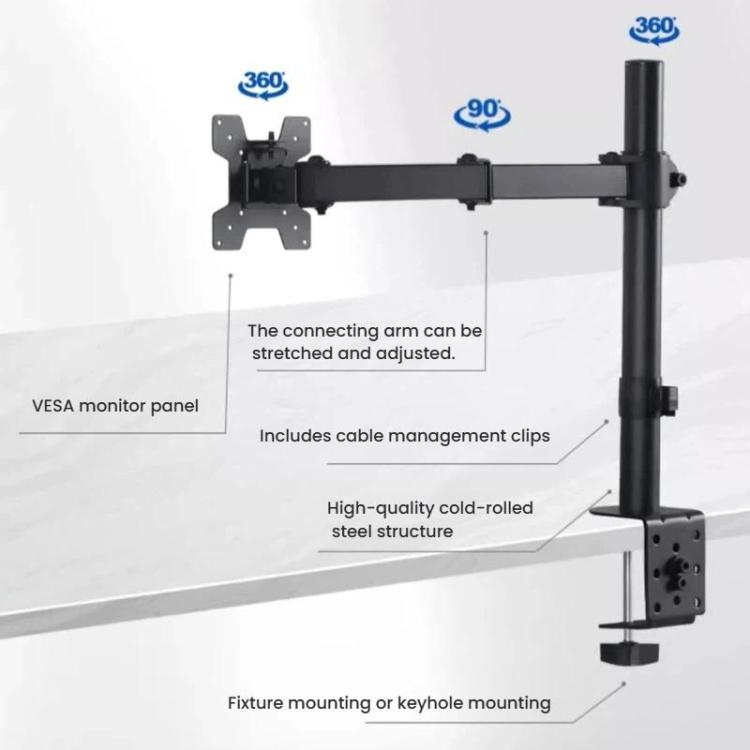 Soporte de escritorio con abrazadera para monitor, brazo telescópico y poste ajustable en altura de 40 cm para pantallas de ordenador., Pole Mount
