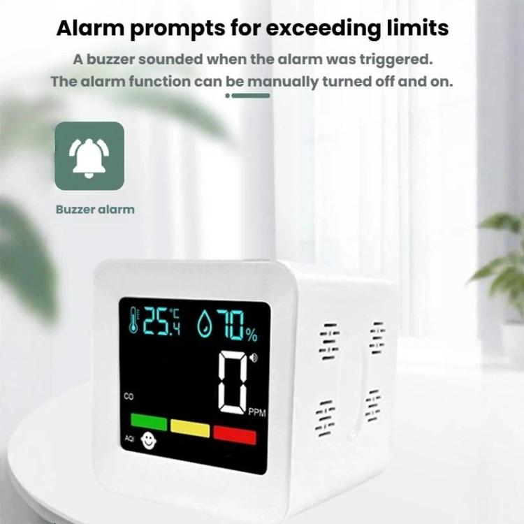 Monitor de calidad del aire enchufable 5 en 1: detector de CO, gases combustibles, AQI, temperatura y humedad con alarma., DM296