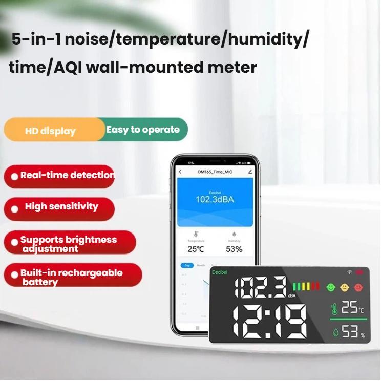 Medidor de ruido Tuya Smart 5 en 1 para montaje en pared con pantalla de temperatura, humedad y hora., BASIC-C, BASIC-F, Upgraded