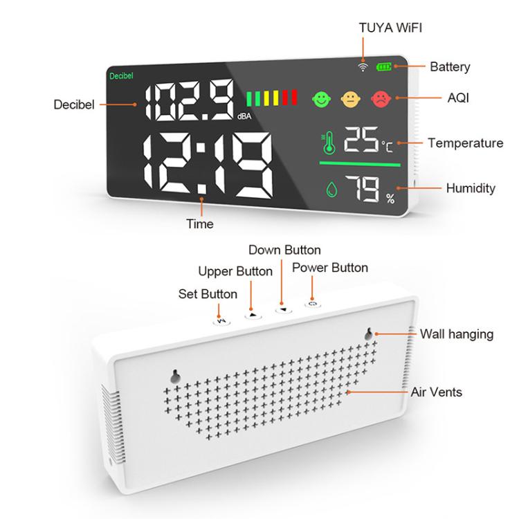 Medidor de ruido Tuya Smart 5 en 1 para montaje en pared con pantalla de temperatura, humedad y hora., BASIC-C, BASIC-F, Upgraded