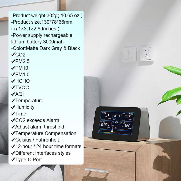 Monitor de calidad del aire 9 en 1 para HCHO/PM2.5/CO2/TVOC, temperatura y humedad, AQI, alarma ajustable, carga USB tipo C, DM368