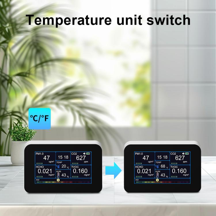 Monitor de calidad del aire 9 en 1 para HCHO/PM2.5/CO2/TVOC, temperatura y humedad, AQI, alarma ajustable, carga USB tipo C, DM368