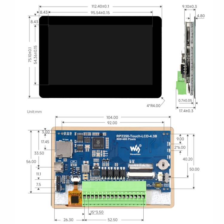 Placa de desarrollo de pantalla táctil capacitiva WAVESHARE RP2350 de 4,3 pulgadas, Without Case, With Plastic Case
