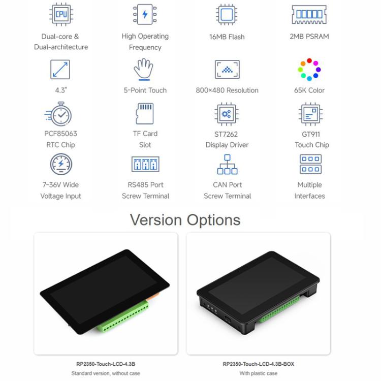 Placa de desarrollo de pantalla táctil capacitiva WAVESHARE RP2350 de 4,3 pulgadas, Without Case, With Plastic Case