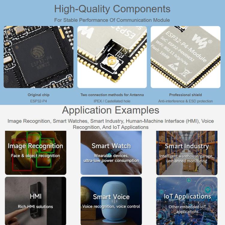 Placa base del módulo WAVESHARE ESP32-P4, basada en el diseño de doble chip ESP32-P4 y ESP32-C6., 16MB, 32MB