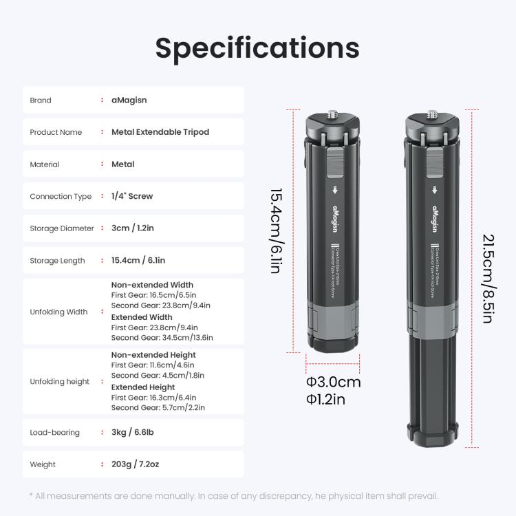 Trípode extensible de metal aMagisn para cámaras deportivas, cámaras sin espejo y smartphones., AM38