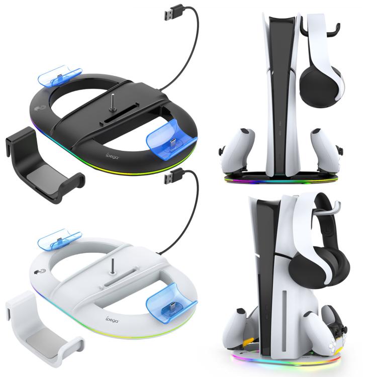 Soporte vertical ipega para PS5 Pro/Slim con cargador de mando, gancho para auriculares y anillo de luz LED.