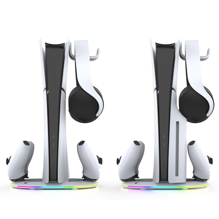 Soporte vertical ipega para PS5 Pro/Slim con cargador de mando, gancho para auriculares y anillo de luz LED.
