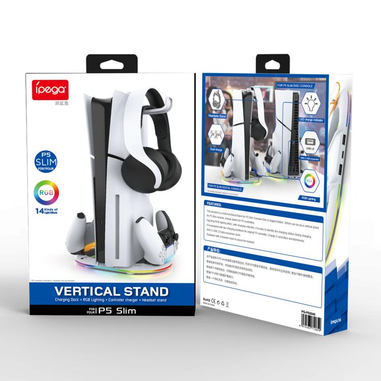 Soporte vertical ipega para PS5 Pro/Slim con cargador de mando, gancho para auriculares y anillo de luz LED.