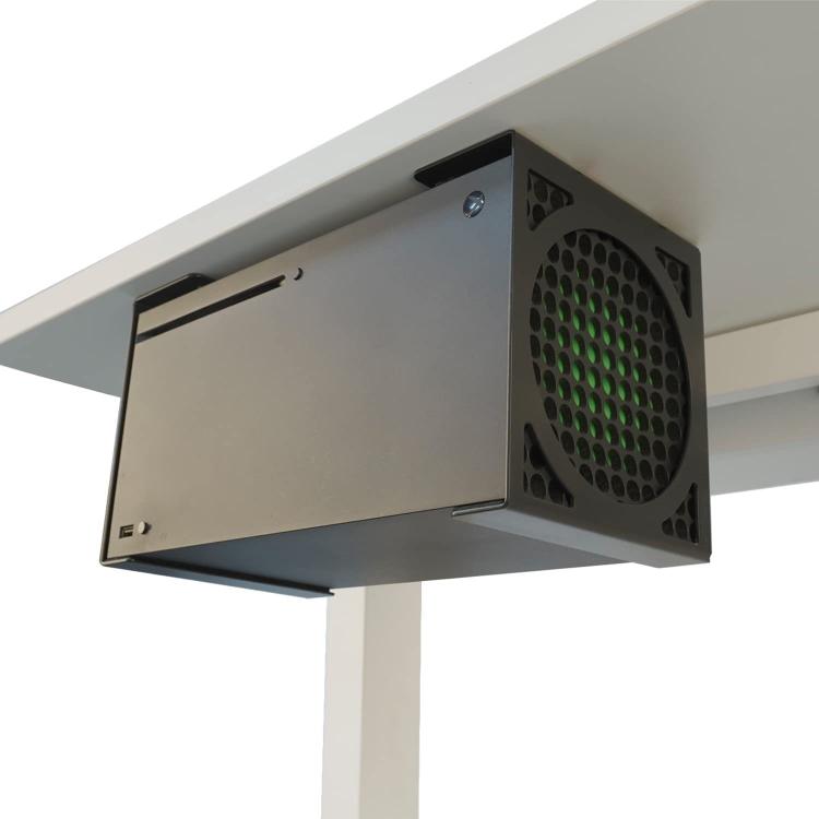 Soporte organizador oculto de metal para montaje debajo del escritorio de Xbox Series X que ahorra espacio.