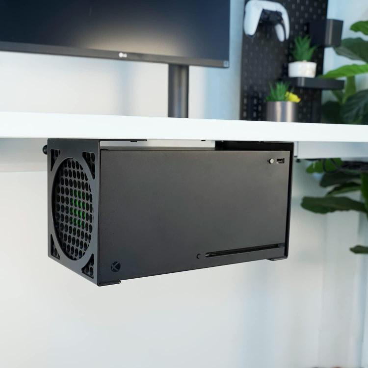 Soporte organizador oculto de metal para montaje debajo del escritorio de Xbox Series X que ahorra espacio.