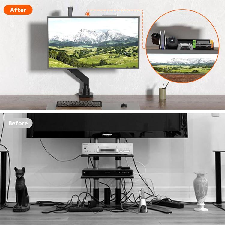 Estante organizador detrás del monitor con soporte VESA y almacenamiento oculto para mini PC, auriculares y altavoces., KXD2522