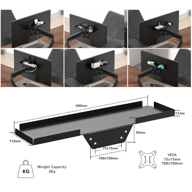 Estante organizador detrás del monitor con soporte VESA y almacenamiento oculto para mini PC, auriculares y altavoces., KXD2522