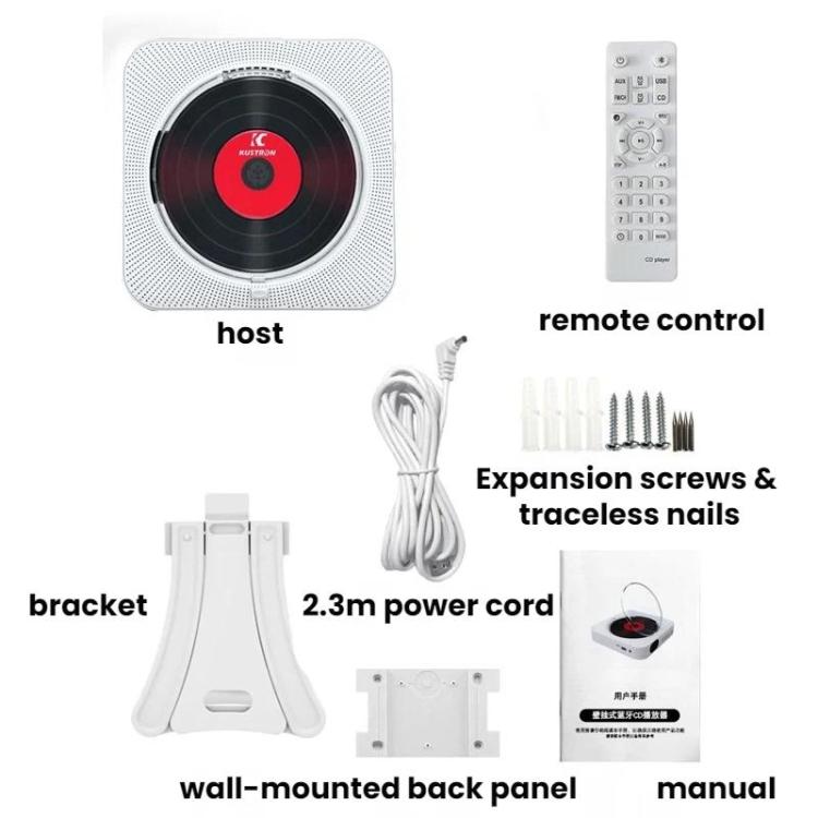 Reproductor de CD recargable de pared KUSTRON Home con altavoz Bluetooth y reproductor de música con cubierta, US Plug, EU Plug, UK Plug, AU Plug