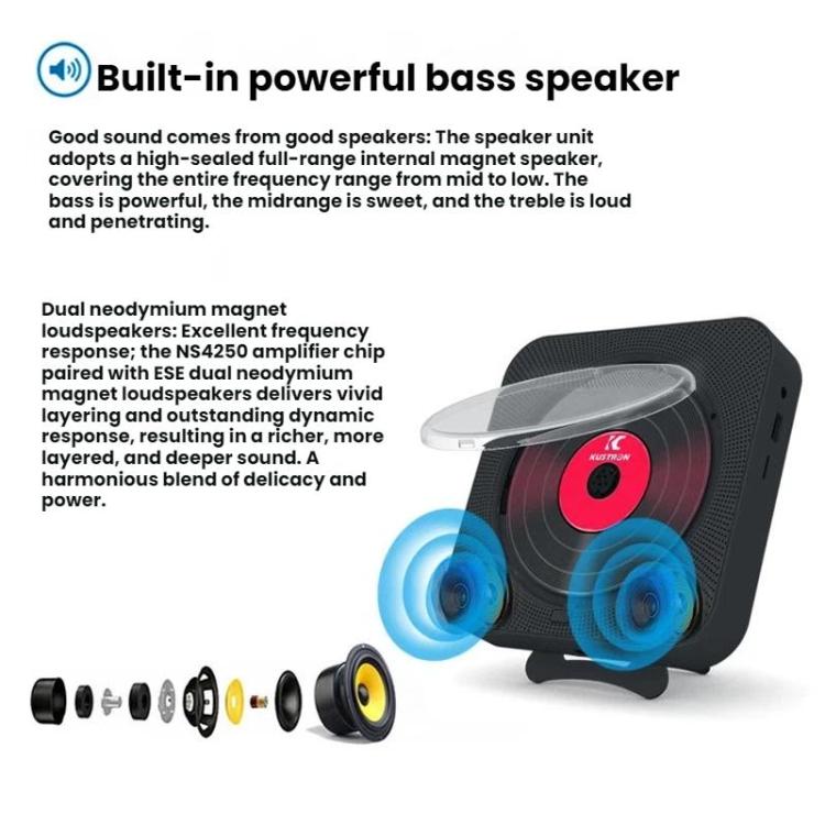 Reproductor de CD recargable de pared KUSTRON Home con altavoz Bluetooth y reproductor de música con cubierta, US Plug, EU Plug, UK Plug, AU Plug