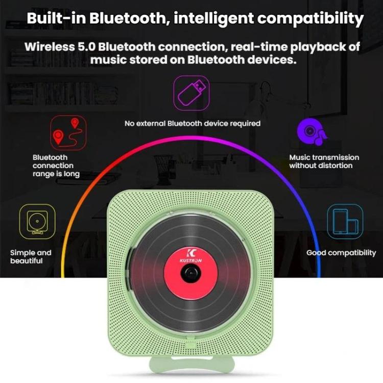 Reproductor de CD recargable de pared KUSTRON Home con altavoz Bluetooth y reproductor de música con cubierta, US Plug, EU Plug, UK Plug, AU Plug