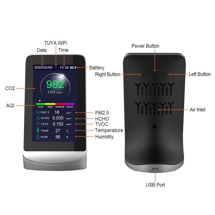 Monitor de calidad del aire DM72B WiFi 10 en 1 compatible con la aplicación inteligente Tuya para control de CO2, PM2.5, PM10, HCHO y detector de TVOC., DM72B WiFi