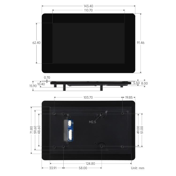 Panel táctil capacitivo IPS de 5 pulgadas con cristal templado DSI de WAVESHARE, Standard, With Case