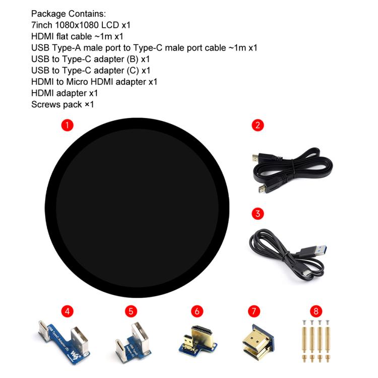 Pantalla táctil capacitiva redonda HDMI Waveshare de 7 pulgadas, LCD 1080x1080, multitáctil de 10 puntos para Raspberry Pi Arduino DIY, 7inch 1080x1080 LCD