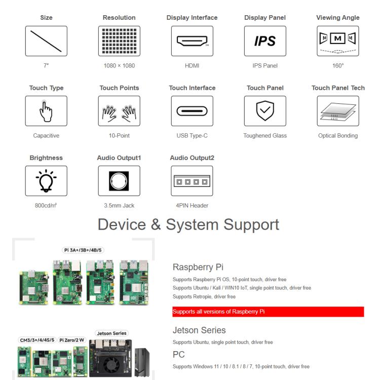 Pantalla táctil capacitiva redonda HDMI Waveshare de 7 pulgadas, LCD 1080x1080, multitáctil de 10 puntos para Raspberry Pi Arduino DIY, 7inch 1080x1080 LCD