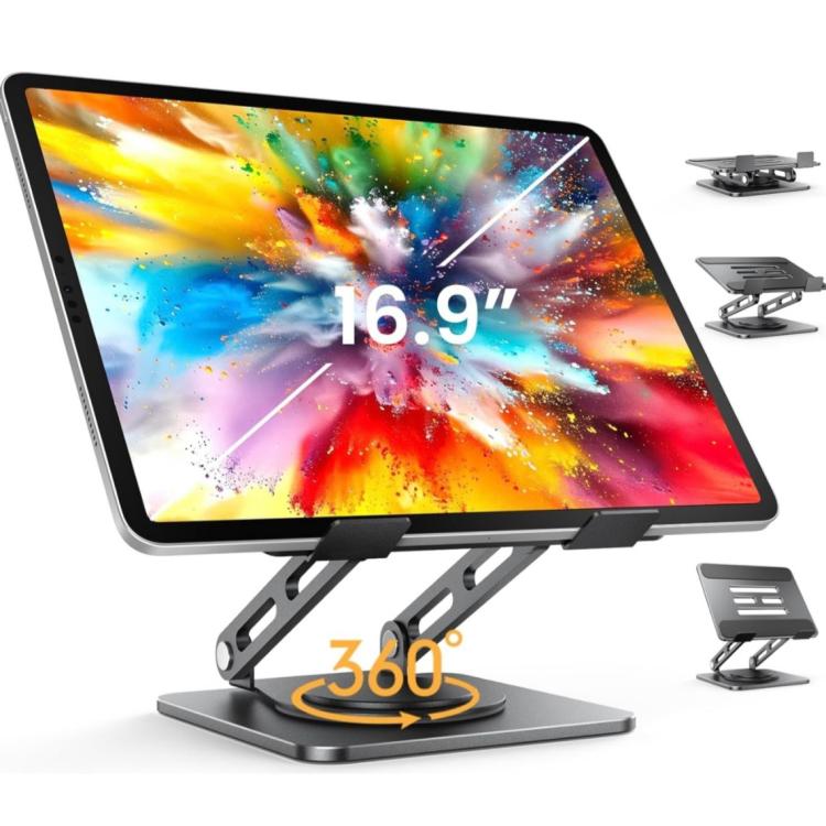 Soporte metálico giratorio y ajustable en altura para tablet de 16 pulgadas, ideal para juegos de escritorio y como soporte de refrigeración., P2038L