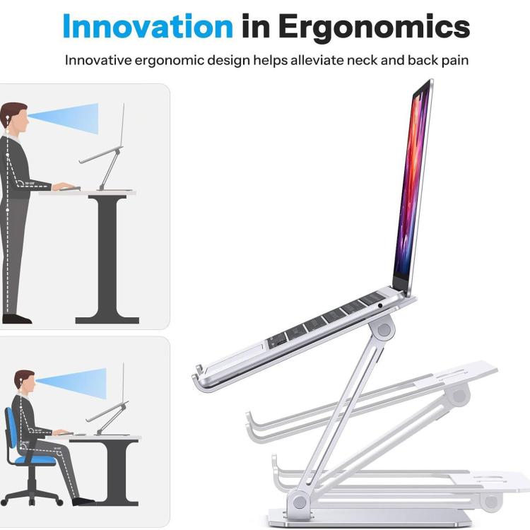 Soporte vertical plegable y ajustable para portátil de aleación de aluminio con refrigeración integrada.