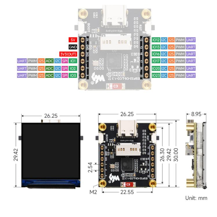 Placa de desarrollo de pantalla LCD de 1,3 pulgadas WAVESHARE ESP32-C6, Without Pin Header, With Soldered Pin Header