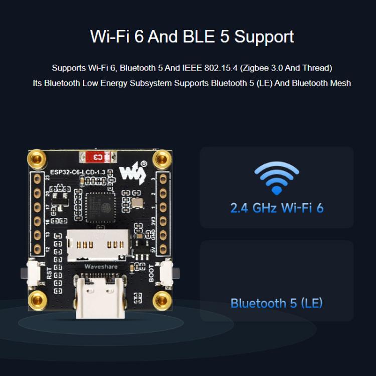 Placa de desarrollo de pantalla LCD de 1,3 pulgadas WAVESHARE ESP32-C6, Without Pin Header, With Soldered Pin Header