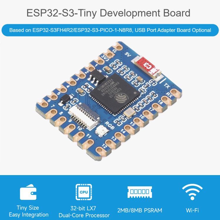 Mini placa de desarrollo con procesador de doble núcleo y frecuencia de funcionamiento de 240 MHz., Waveshare ESP32-S3-Tiny, Waveshare ESP32-S3-Tiny-N8R8, Waveshare ESP32-S3-Tiny-Kit, Waveshare  ESP32-S3-Tiny-N8R8-Kit