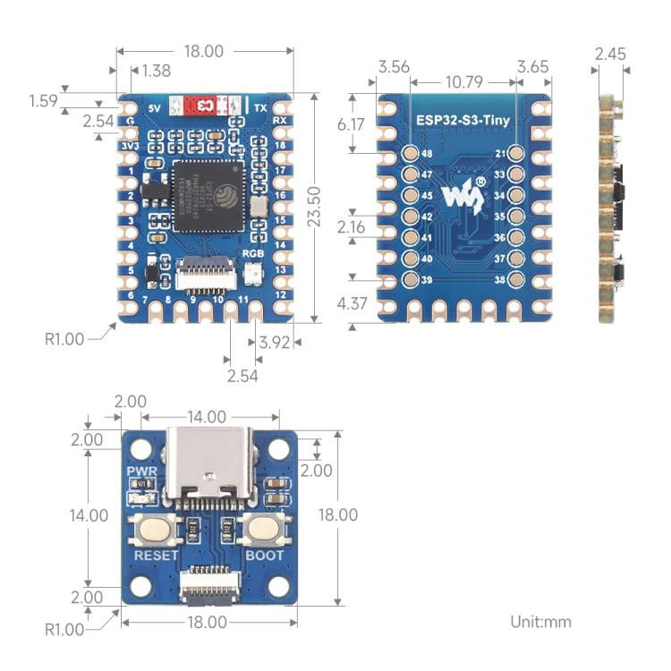 Mini placa de desarrollo con procesador de doble núcleo y frecuencia de funcionamiento de 240 MHz., Waveshare ESP32-S3-Tiny, Waveshare ESP32-S3-Tiny-N8R8, Waveshare ESP32-S3-Tiny-Kit, Waveshare  ESP32-S3-Tiny-N8R8-Kit