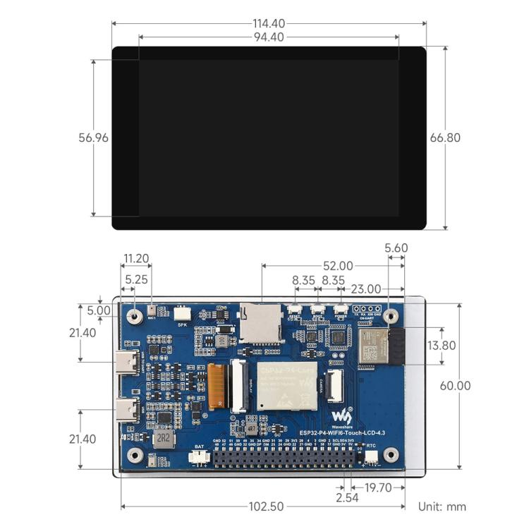 Placa de desarrollo Waveshare ESP32-P4-WIFI6 de 4,3 pulgadas, resolución de 480 × 800, pantalla táctil de 5 puntos y chip códec de audio integrado., Basic Model, With OV5647 Camera