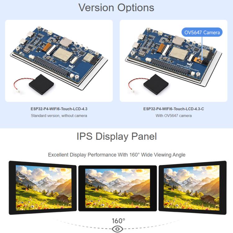 Placa de desarrollo Waveshare ESP32-P4-WIFI6 de 4,3 pulgadas, resolución de 480 × 800, pantalla táctil de 5 puntos y chip códec de audio integrado., Basic Model, With OV5647 Camera