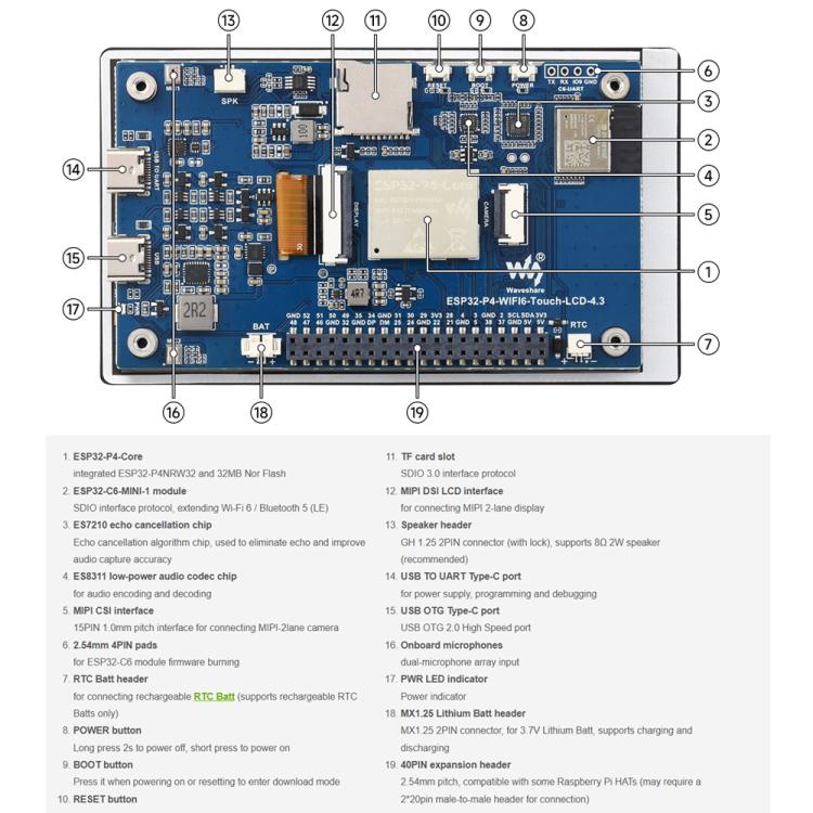 Placa de desarrollo Waveshare ESP32-P4-WIFI6 de 4,3 pulgadas, resolución de 480 × 800, pantalla táctil de 5 puntos y chip códec de audio integrado., Basic Model, With OV5647 Camera